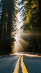 Obraz premium Quiet forest highway with towering redwoods, a single golden sunbeam illuminating mist on empty asphalt, double-yellow centerline leading through deep green foliage in cinematic light.