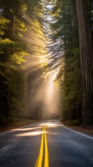 Obraz premium Quiet forest highway with towering redwoods, a single golden sunbeam illuminating mist on empty asphalt, double-yellow centerline leading through deep green foliage in cinematic light.