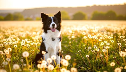 Happy dog in a field of dandelions at sunset