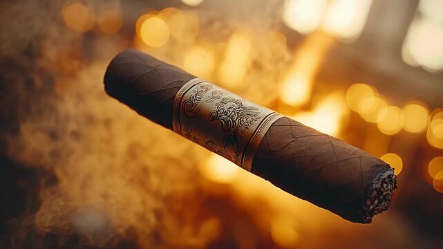 Cigar in the air with smoke and bokeh background.