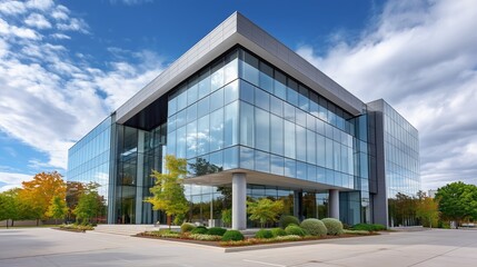Obraz premium Modern Architectural Marvel: A contemporary glass and steel office building showcases modern design, reflecting the vibrant sky above.