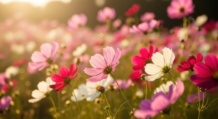 Cosmos Flowers Swaying in the Autumn Breeze — Soft Sunlight and the Beauty of Nature