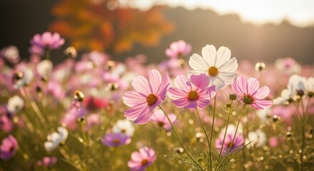 Cosmos Flowers Swaying in the Autumn Breeze — Soft Sunlight and the Beauty of Nature