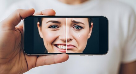 Exploring contrasting emotions happy and sad on smartphone, a complex emotional journey, mental health awareness and emotional support, personal growth concept