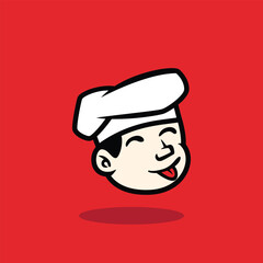 Cartoon face of a happy chef winking with a big smile. Fun and friendly mascot vector illustration on red background. Perfect for restaurant logo or culinary brand identity.