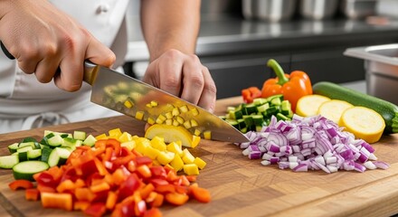 Chef preparing fresh vegetables for a vibrant salad, using a sharp knife on a wooden cutting board for a healthy, colorful meal preparation