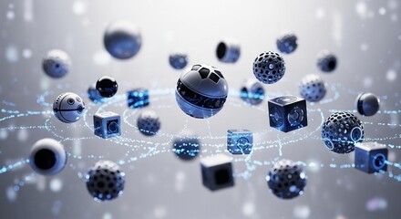 Futuristic network connecting abstract geometric shapes, representing innovative technology and interconnected systems for modern digital solutions and AI advancements