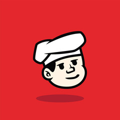 Cartoon face of a happy chef winking with a big smile. Fun and friendly mascot vector illustration on red background. Perfect for restaurant logo or culinary brand identity.