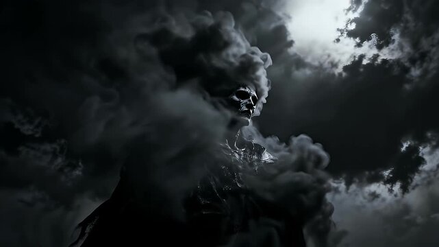 A terrifying monster face with a skull emerging from dark ominous storm clouds