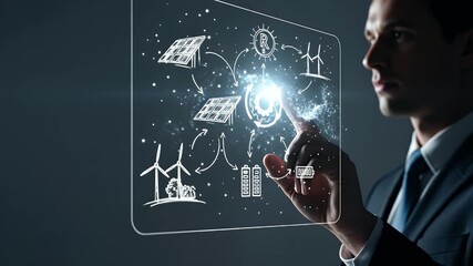 Businessman Interacting with Transparent Touchscreen Display Showing Renewable Energy Diagrams Against Dark Gray Background - Powered by Adobe