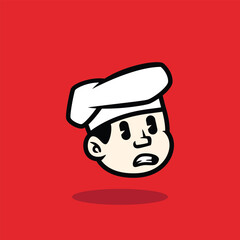 Cartoon face of a happy chef winking with a big smile. Fun and friendly mascot vector illustration on red background. Perfect for restaurant logo or culinary brand identity.