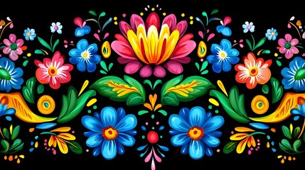 Colorful floral pattern on a black background, a vibrant celebratory design.