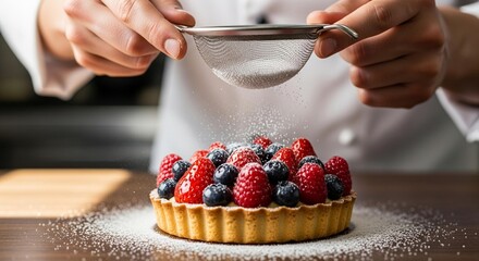 Delicate dusting of powdered sugar on a vibrant berry tart brings a touch of elegance and sweetness, perfect for dessert lovers and bakery promotions
