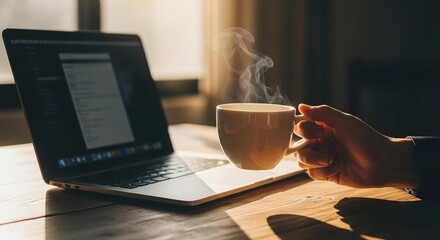 Enjoying a peaceful morning with coffee and laptop for focused work, creating a warm and productive ambiance with sunlit workspace