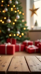 A wooden table with a bunch of red presents under a Christmas tree.