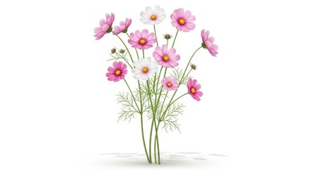 Bright and Elegant Pink and White Cosmos Flowers Illustration on White Background