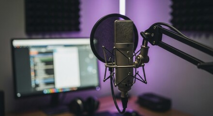 Professional microphone setup ready for podcasting or voiceover work in a modern studio with vibrant purple lighting creating a dynamic atmosphere