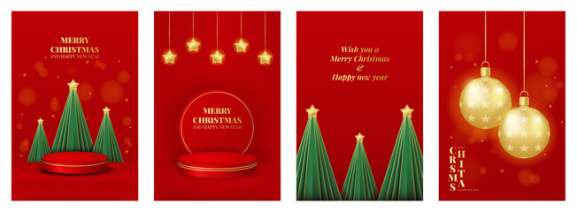 Merry Christmas vertical posters set with podium, Christmas trees, balls, festive greeting text. Red and gold colors. Vector illustration