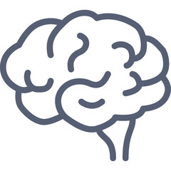 A stylized outline of a human brain in a dark blue line drawing on a transparent background representing cognitive function and intelligence