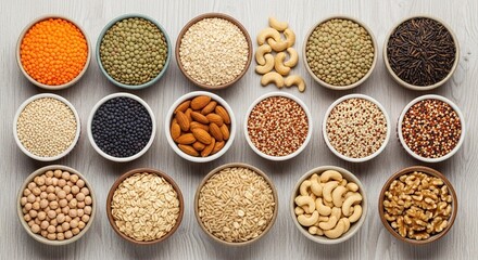 Vibrant bowls of healthy whole foods offer a rainbow of nutrients for balanced diets and mindful eating, perfect for nutrition guides and wellness blogs