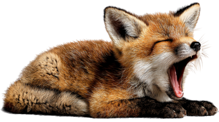Sleepy Red Fox: A captivating glimpse of a red fox, yawning widely with eyes closed, capturing a moment of pure animal relaxation and tranquility.