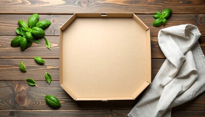 Blank Pizza Box on Rustic Wood Tabletop with Fresh Basil, Ready for Your Design, Empty pizza box alongside scattered basil leaves creates a natural food backdrop