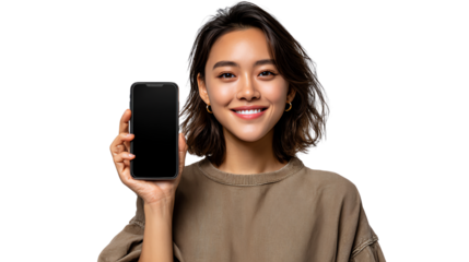 Smiling Person Displaying Phone: An elegant Asian woman presents a sleek black smartphone screen, her radiant smile complementing the device's modern design.