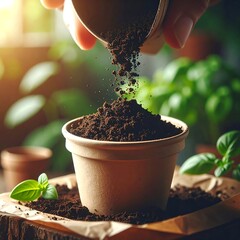 Hands pouring soil into a pot, surrounded by greenery
