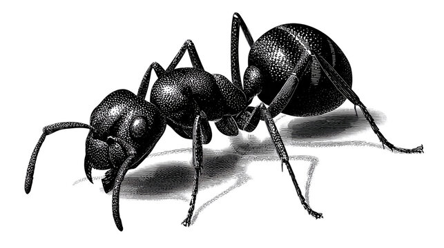 Detailed Ant's Portrait: A detailed monochrome illustration of a black ant. A study in the beauty of simplicity and the intricacy of nature.