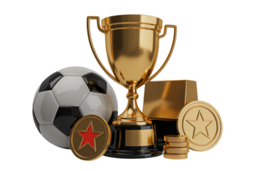 Golden trophy, soccer ball, and coins symbolize sports victory and achievement
