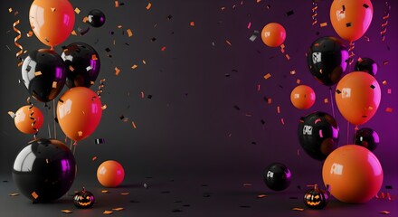 Halloween Celebration Festive Balloons, Confetti, and Spooky Pumpkins Against a Dark Background