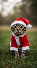 Obraz premium Cat in Santa Costume on Green Grass