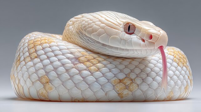 Coiled White And Cream Ball Python Snake Resting On Surface Close-Up