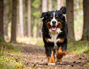 Happy Bernese Mountain Dog running in a forest