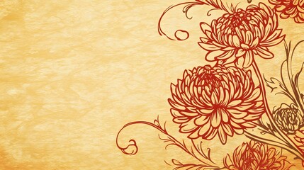 Red floral illustrations adorn a textured parchment background.