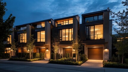 A row of modern homes at night