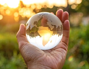Hand holding a glass globe of the Earth, sunset backdrop