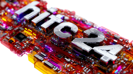 Circuit Board Close-Up: A vibrant close-up view of a high-tech circuit board with embedded hitc 24 text, showcasing a complex array of components.