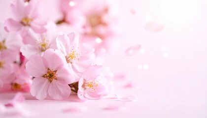 Pink Cherry Blossoms with Petals with Romantic Spring Background.