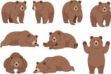 Cartoon bear, animal illustration, cute poses, brown bear, character design, wildlife clipart, sitting bear, walking bear, lying bear, standing bear