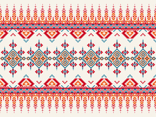 “Vibrant Ethnic Pixel Border Pattern with Red and Teal Accents – Folk Geometric Seamless Design”