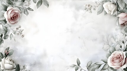 Delicate rose and eucalyptus border frames white space for copy.