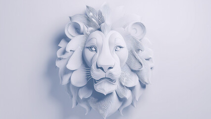 A majestic wooden lion head sculpture illuminated by dramatic spotlight, carved details emphasized by shadows. Background in deep black or dark mahogany. Camera front and slightly angled for depth. Th