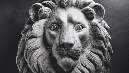 A majestic wooden lion head sculpture illuminated by dramatic spotlight, carved details emphasized by shadows. Background in deep black or dark mahogany. Camera front and slightly angled for depth. Th