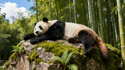 Naklejka premium Giant panda resting on mossy rock in bamboo forest, a moment of peace in nature's embrace 