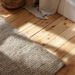 A white rug on a wooden floor