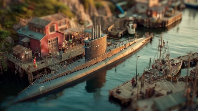 Miniature submarine docked at harbor with buildings and boats