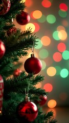 Obraz premium A close up of a christmas tree with red ornaments on it.