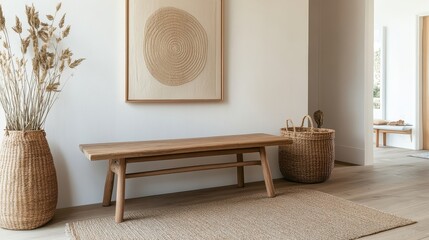A wooden bench and a vase of flowers
