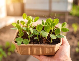 Hand holding a small seed tray with young pea plants